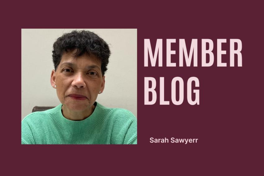 The text reads: member blog, Sarah Sawyerr. It is accompanied by Sarah's photo.